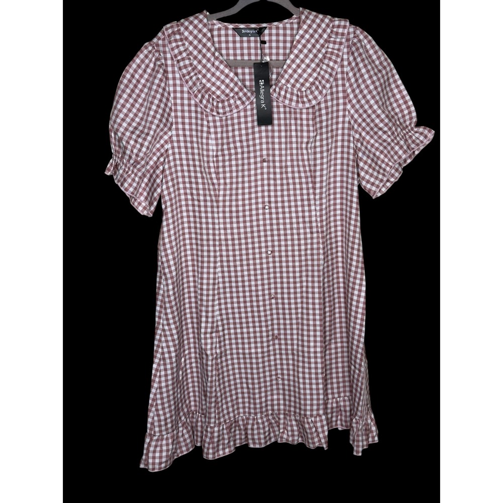 Allegra K Pink Gingham Peter Pan Collar Ruffle Babydoll Mini Dress XL NWT